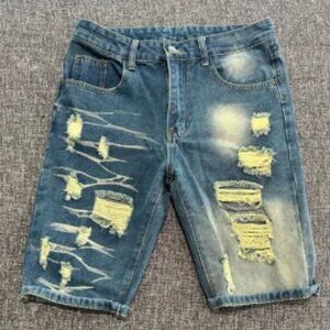 SHEIN Blue Distressed Jean Shorts with Neon Accents